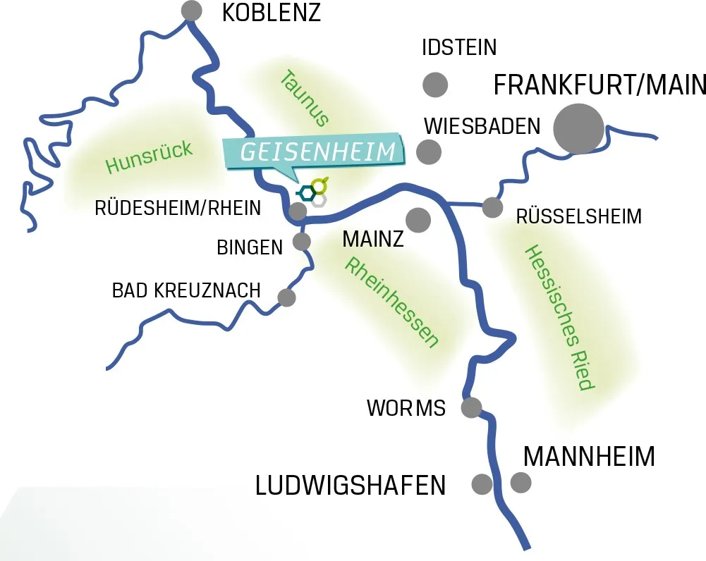 Schematische Karte des Rhein-Main-Gebiets mit der Lage von Geisenheim zwischen Wiesbaden, Mainz und Koblenz