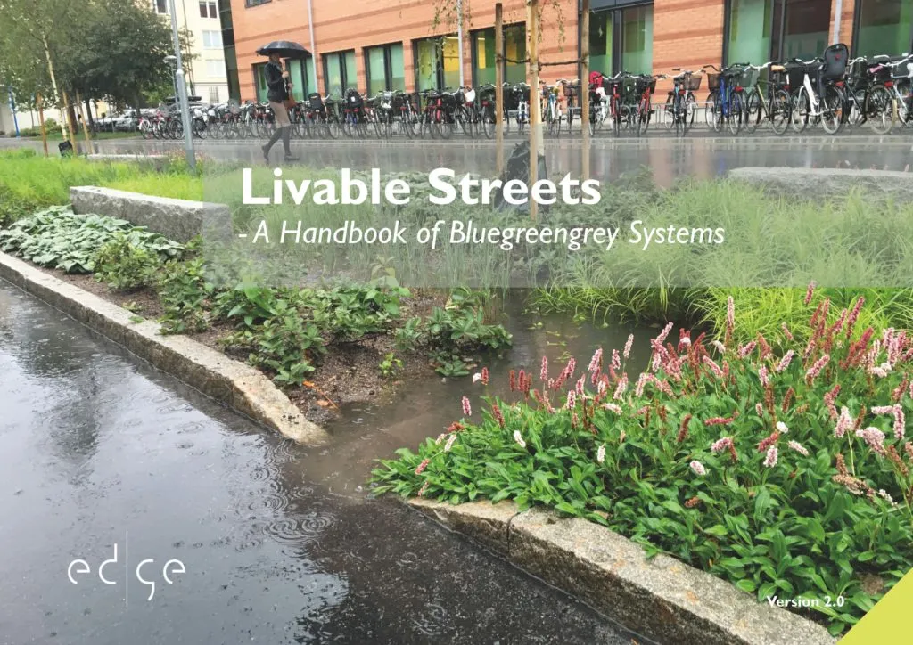 Titelseite des Handbuchs „Livable Streets – A Handbook of Bluegreengrey Systems“ von Edge mit einem bepflanzten Straßenrand