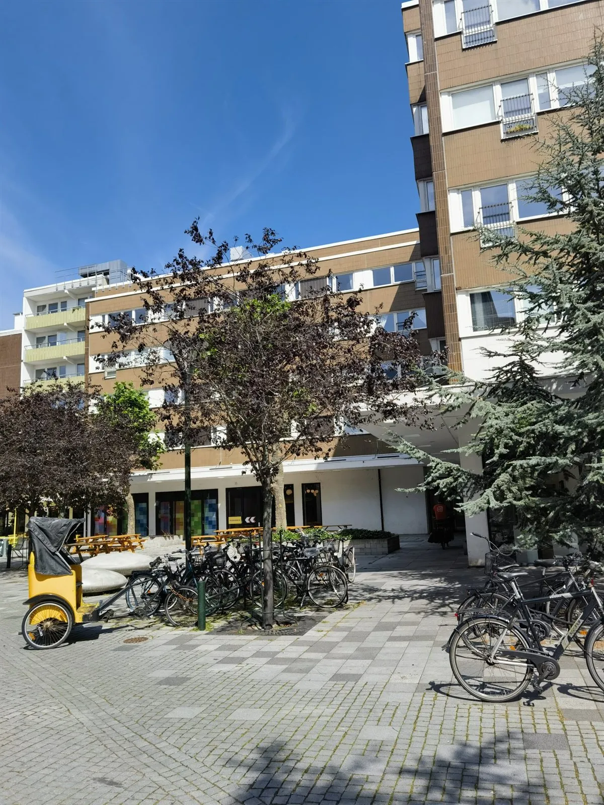 Platz mit Bäumen und abgestellten Fahrrädern vor einem Gebäude
