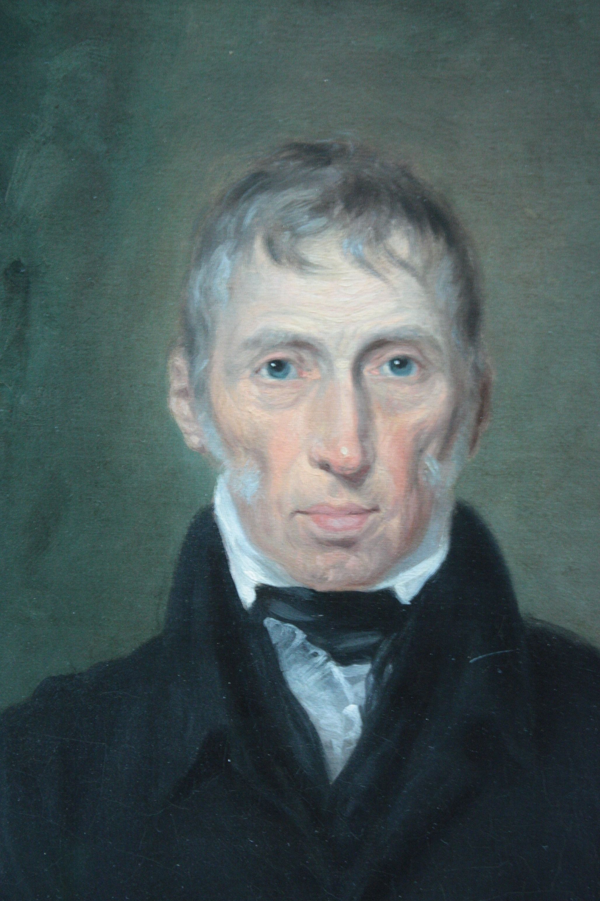 Gemaltes Porträt von John Loudon McAdam vor grünem Hintergrund