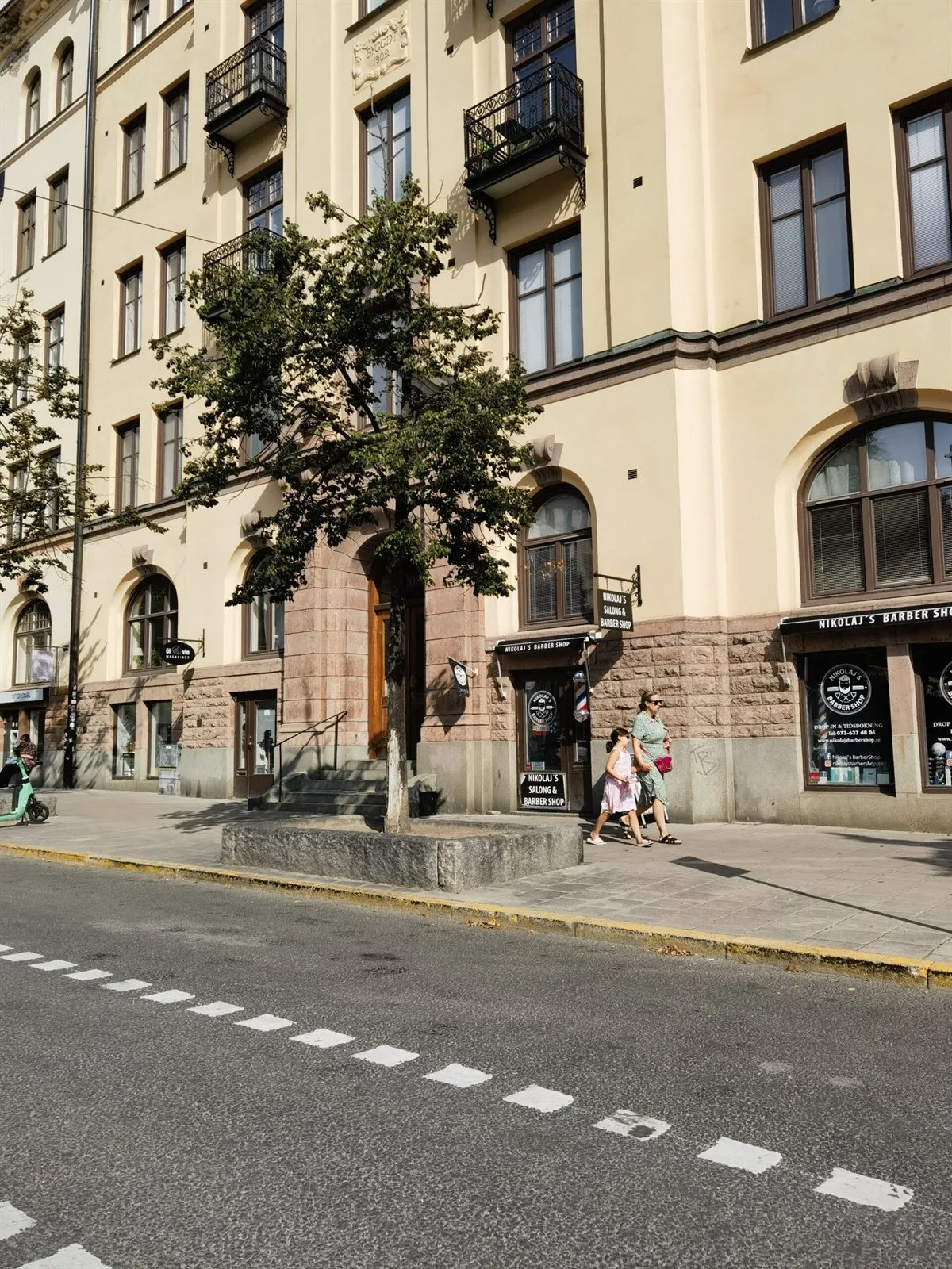 Straßenbaum in einer schmalen Baumscheibe vor einem Wohnhaus in Stockholm