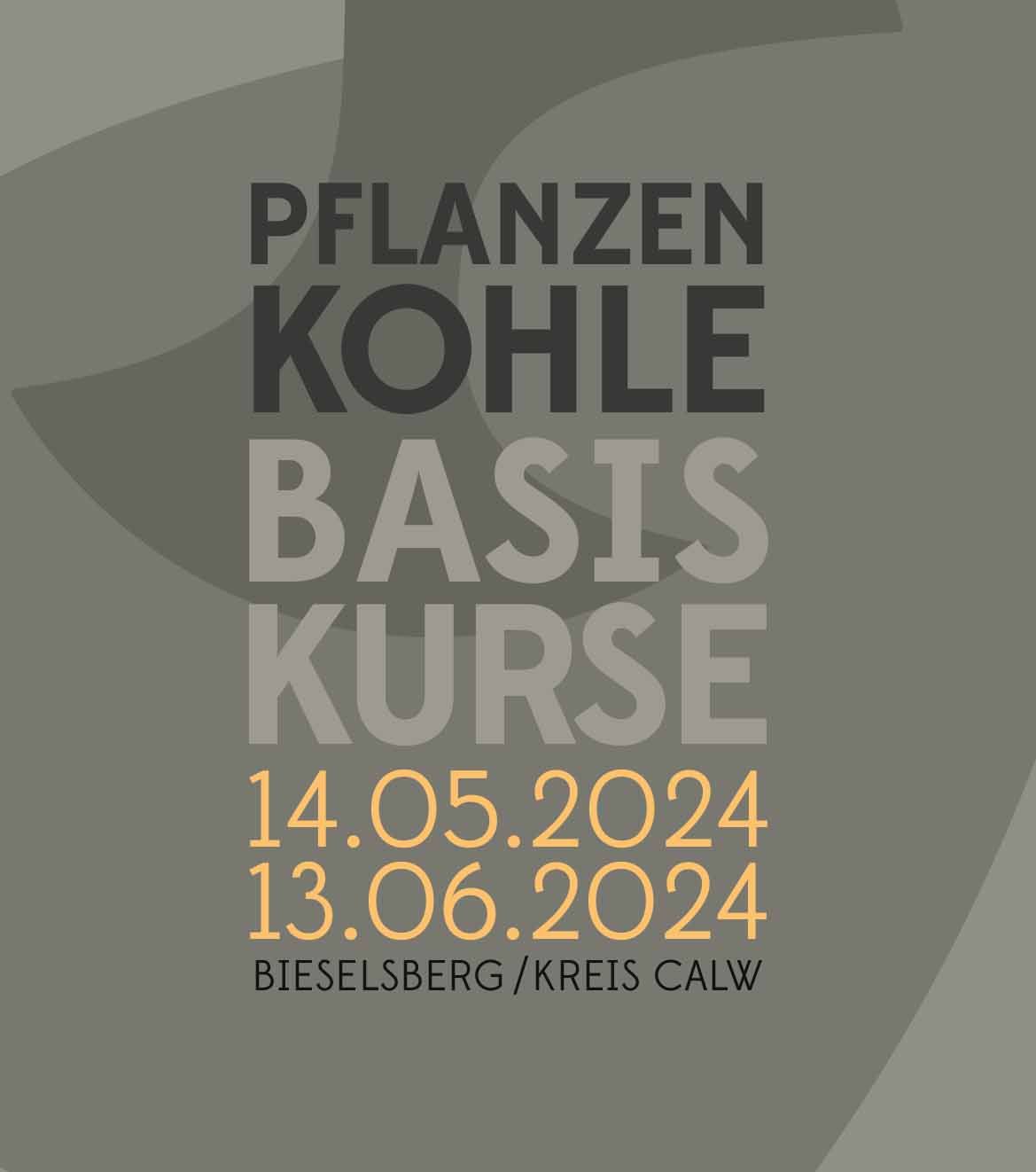Plakat „Pflanzenkohle Basis-Kurse – 14.05.2024, 13.06.2024, Bieselsberg/Kreis Calw“ in Grau und Orange